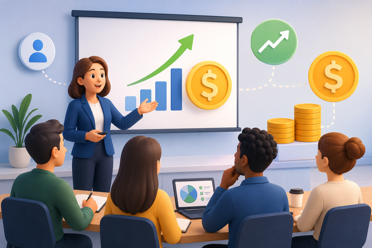 An animated illustration of a business training session where an instructor presents to employees as dollar signs, coins, and a rising chart symbolize the financial return on workplace learning to represent ROI of Your Training Program.
