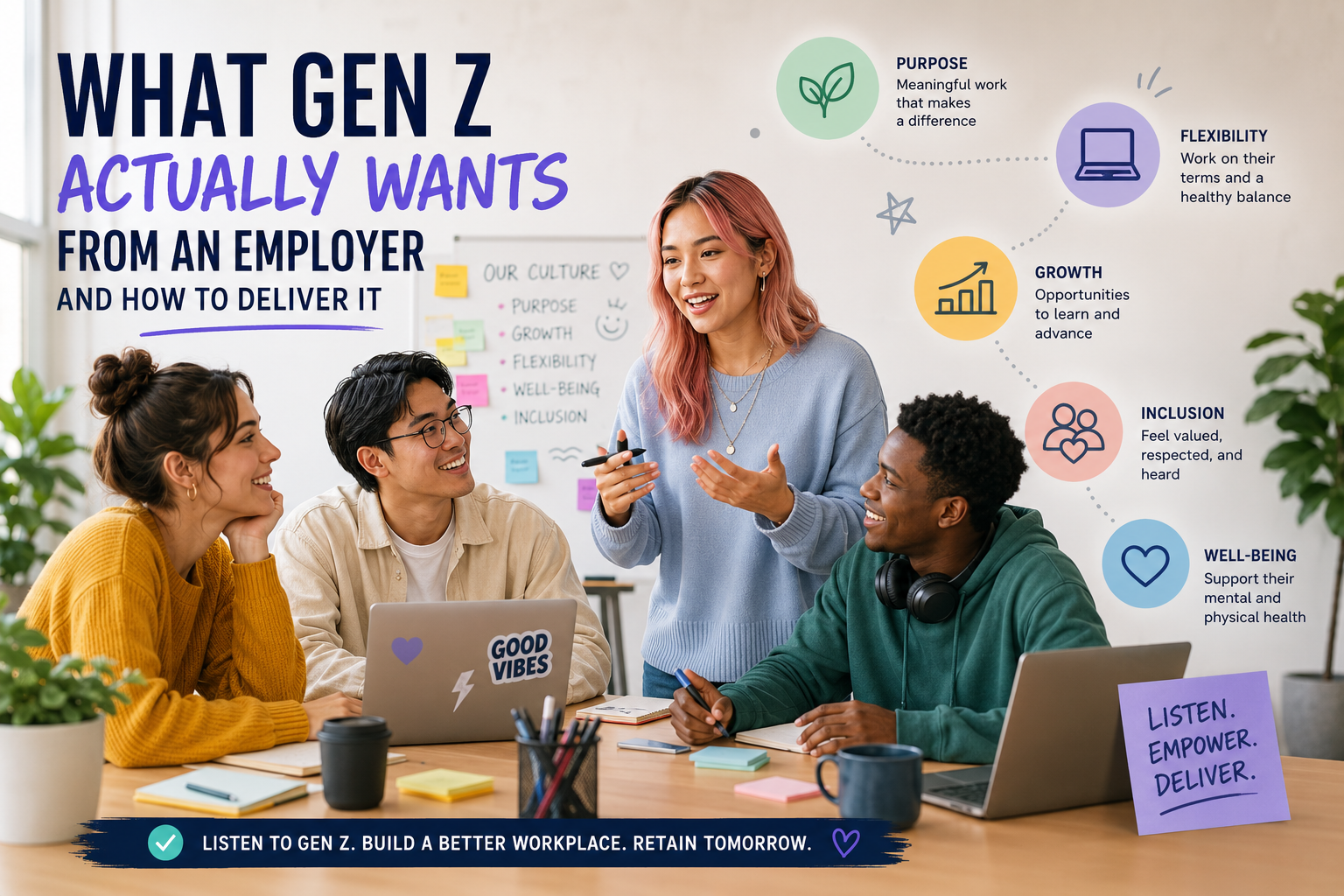 A diverse group of young professionals collaborates in a modern office while infographic elements highlight Gen Z workplace priorities, including purpose, flexibility, career growth, inclusion, and well-being.