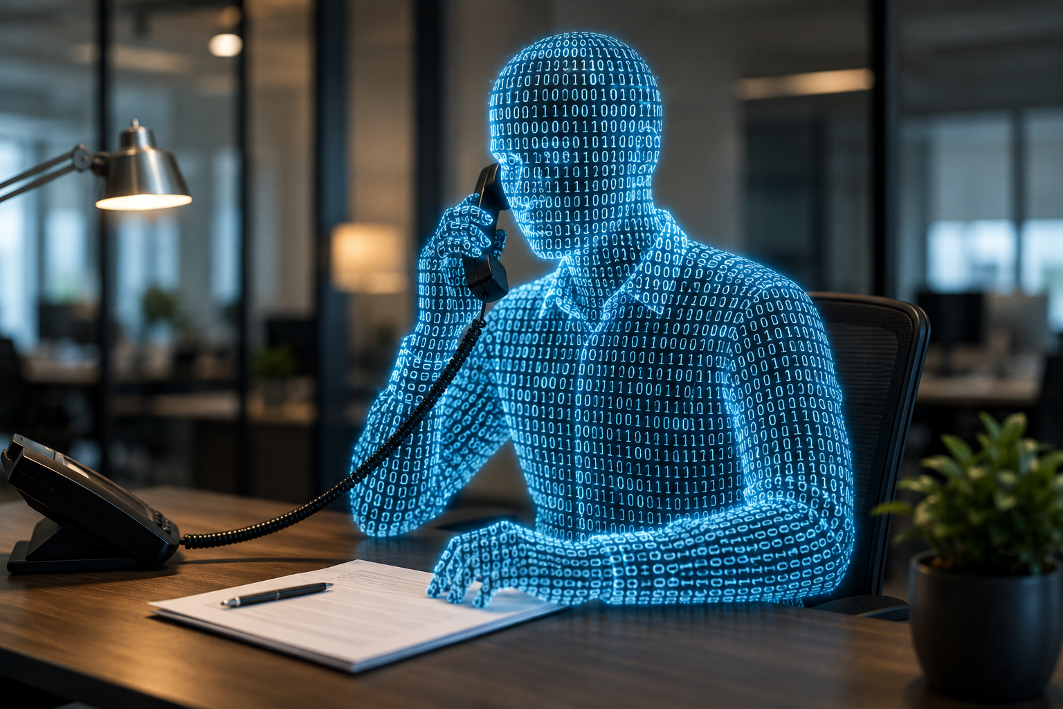 Employee made of digital 1s and 0s sitting at a desk and talking on the phone in a modern office.