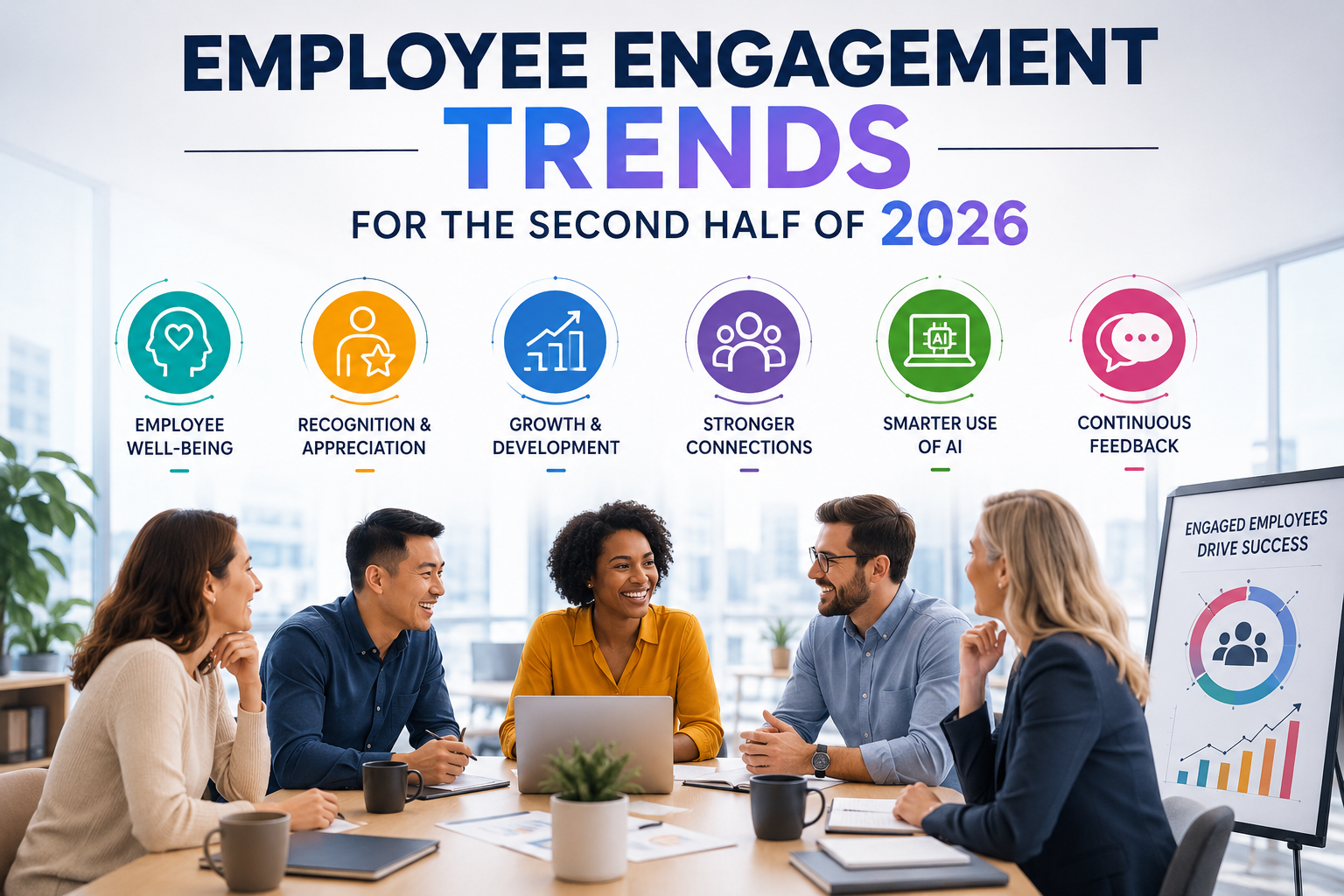 Employee engagement trends for the second half of 2026, highlighting employee well-being, recognition, growth and development, stronger workplace connections, smarter use of AI, and continuous feedback.