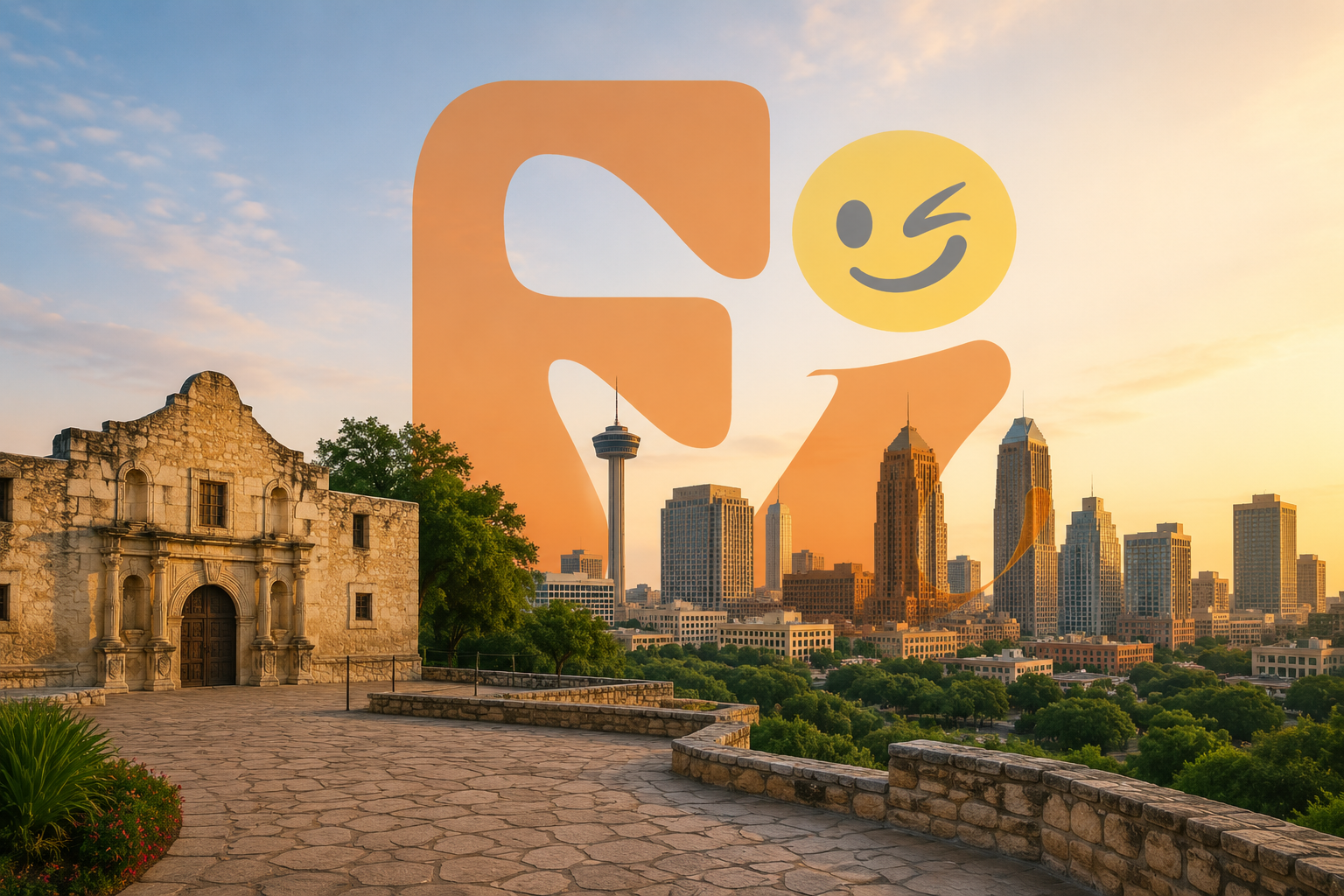Employee engagement in San Antonio represented by the Alamo, downtown skyline, and Fun Intended logo at sunset.