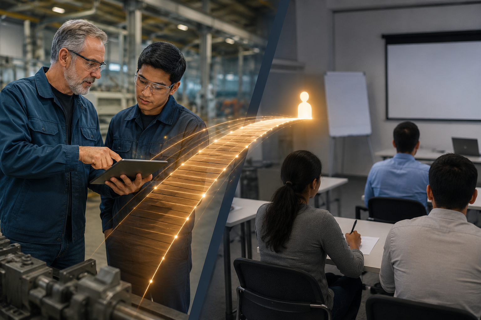 Mentorship closes the skills gap as an experienced worker guides a younger employee with hands-on knowledge, contrasted with formal classroom training.