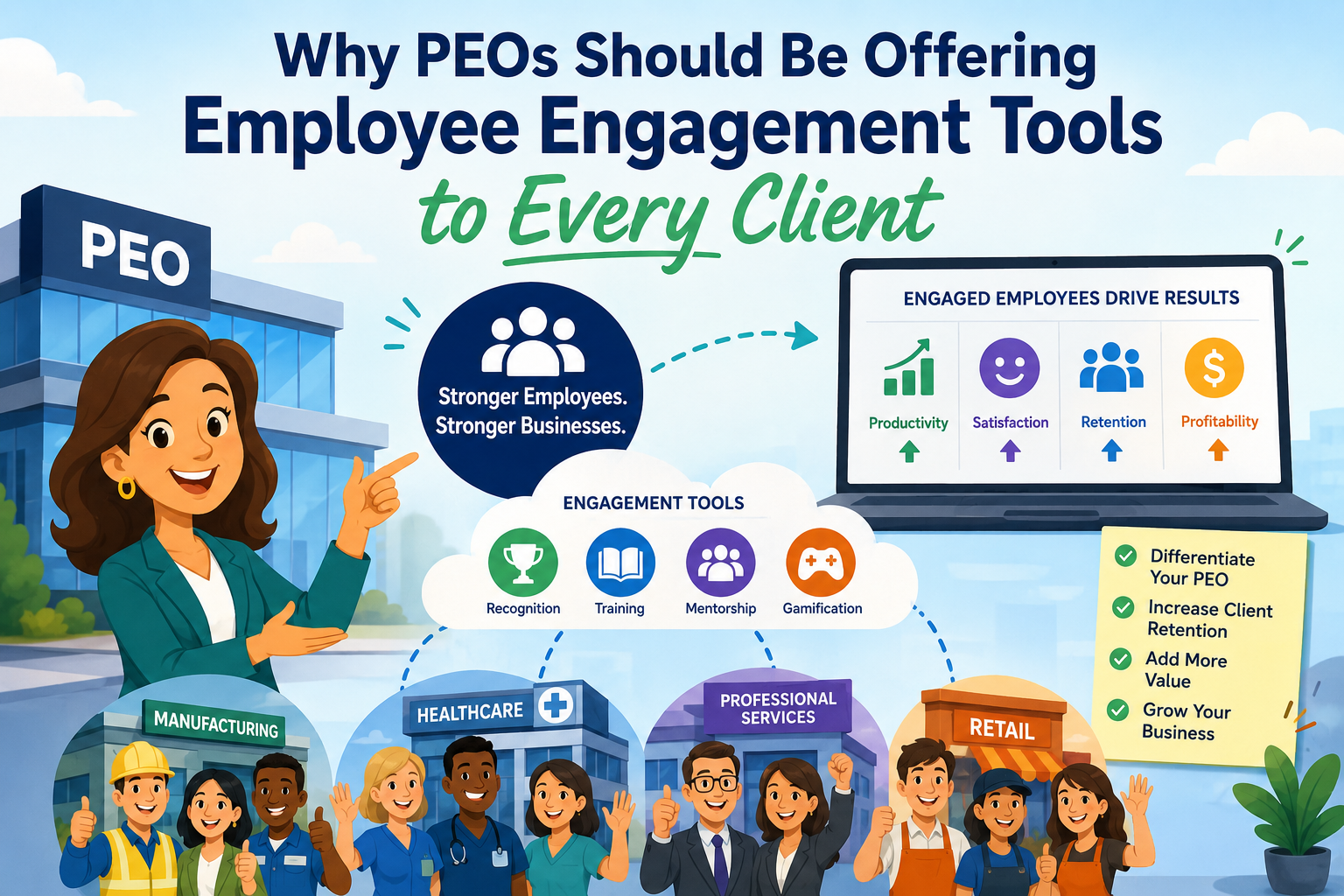 Animated illustration showing why PEOs should offer employee engagement tools to every client, including recognition, training, mentorship, and gamification that improve productivity, satisfaction, retention, and profitability.