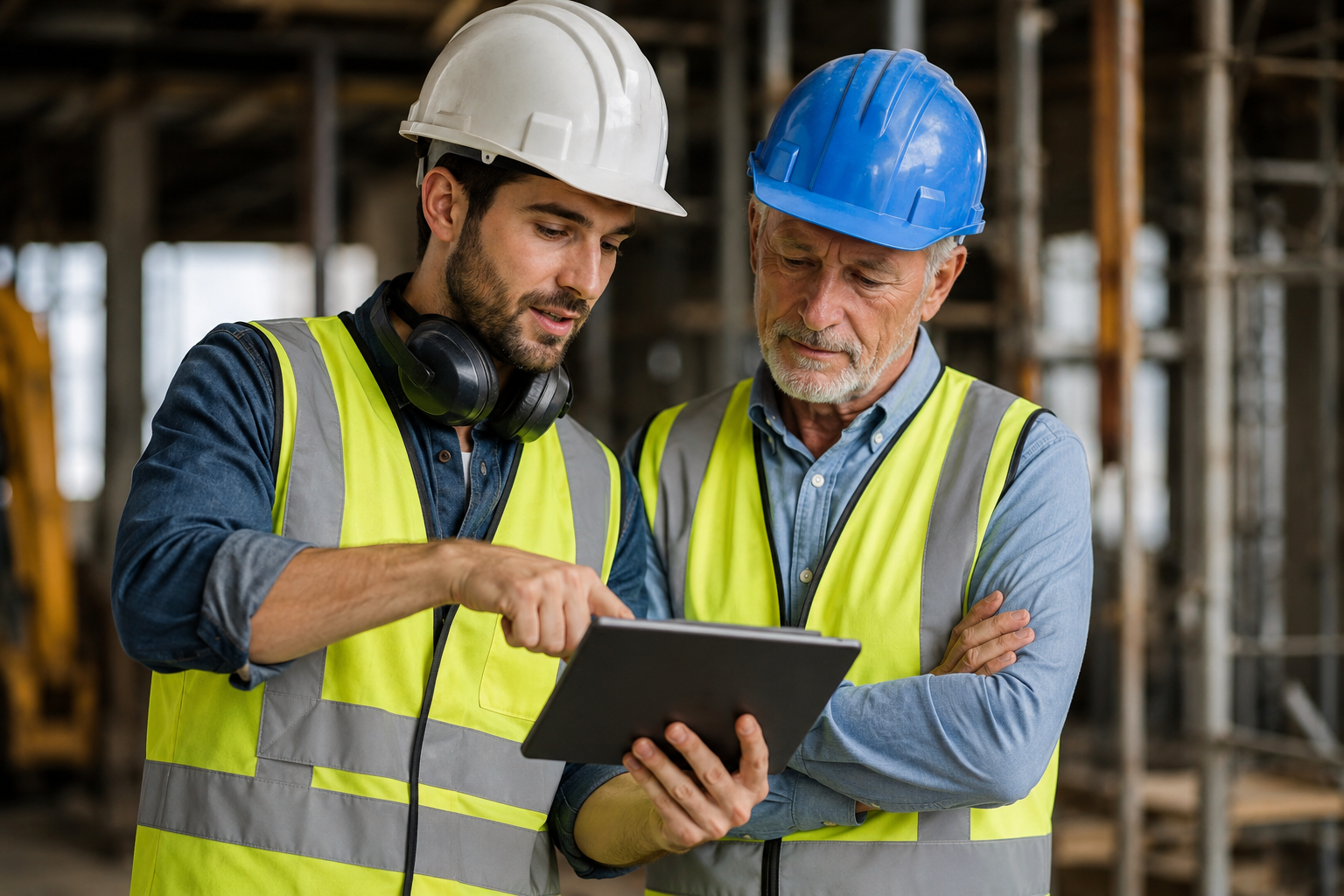 A younger construction worker uses a tablet to explain information to an older colleague on a job site, illustrating reverse mentorship as employees share knowledge and skills across generations in the workplace.
