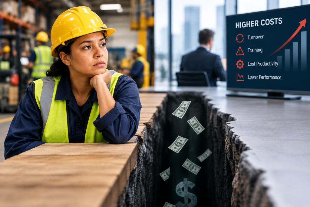 Frontline worker in a hard hat and safety vest separated from an office by a financial gap, representing the costs of low frontline worker engagement.