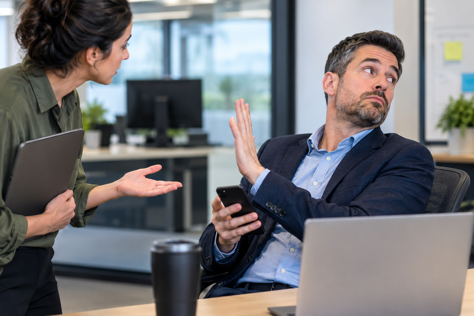 Manager dismissing an employee who is trying to ask a question in an office to signify manager engagement.