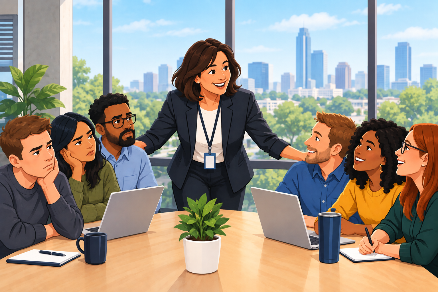Animated illustration of middle managers leading an engaged team meeting in a bright office with a city skyline visible through the windows.