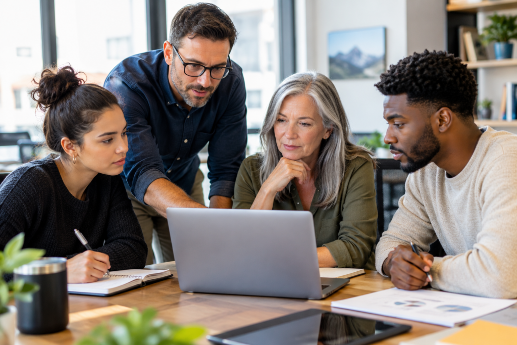 Four employees from different generations collaborate around a laptop in a modern office, focused on a shared project to emphasize a multigenerational workplace.