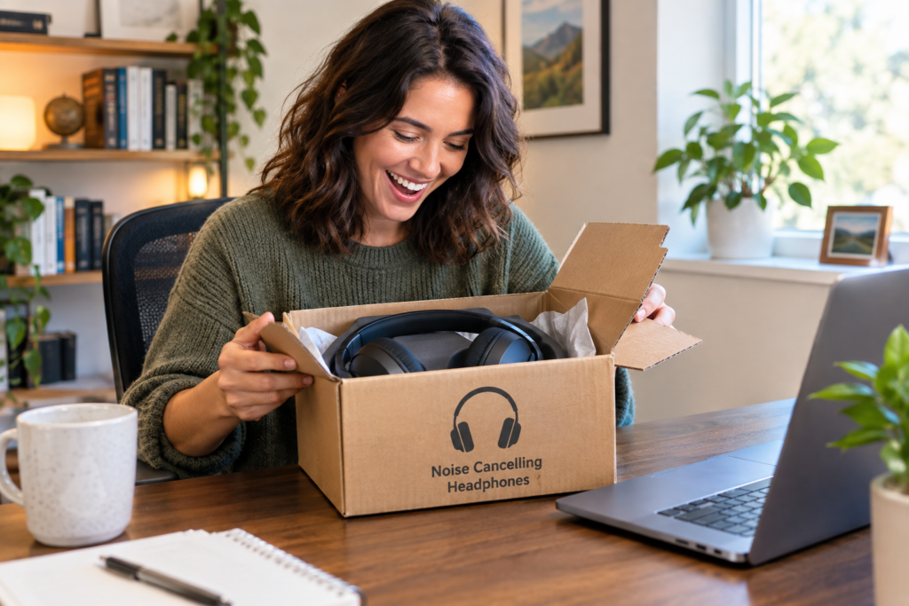 Employee happily opening a package containing noise canceling headphones in a home office to signify how to reward remote employees.