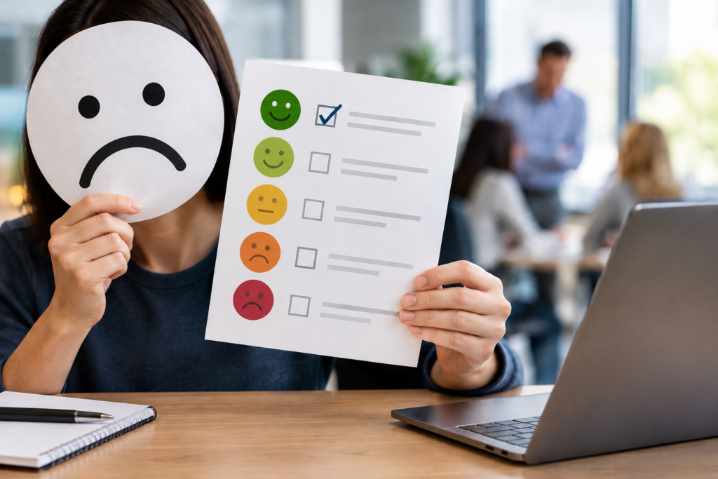 Employee holding a frowny face while marking a positive response on an employee engagement survey