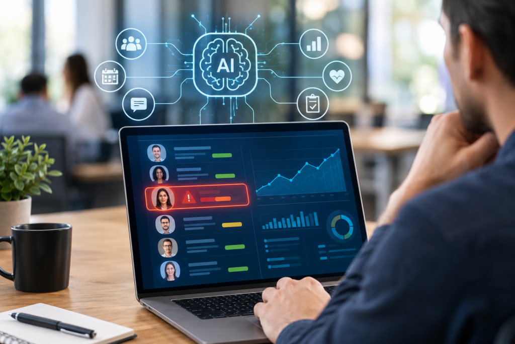 Use AI to predict employee turnover by analyzing employee engagement, performance, and workplace trends through an AI powered dashboard.